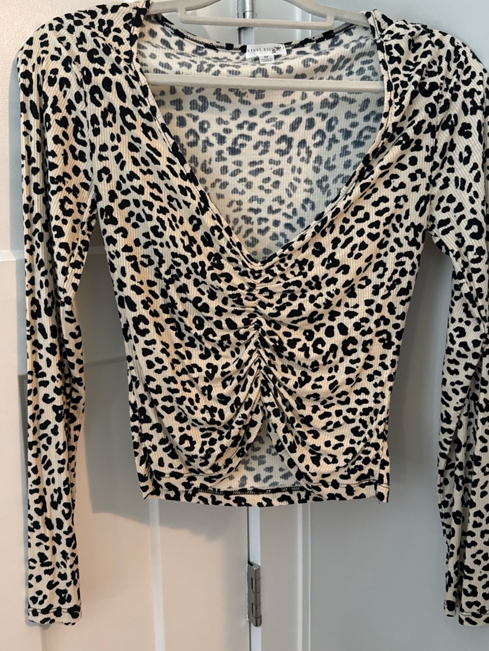 Ruched V-Neck Leopard Print Long Sleeve Top - Beige/Black